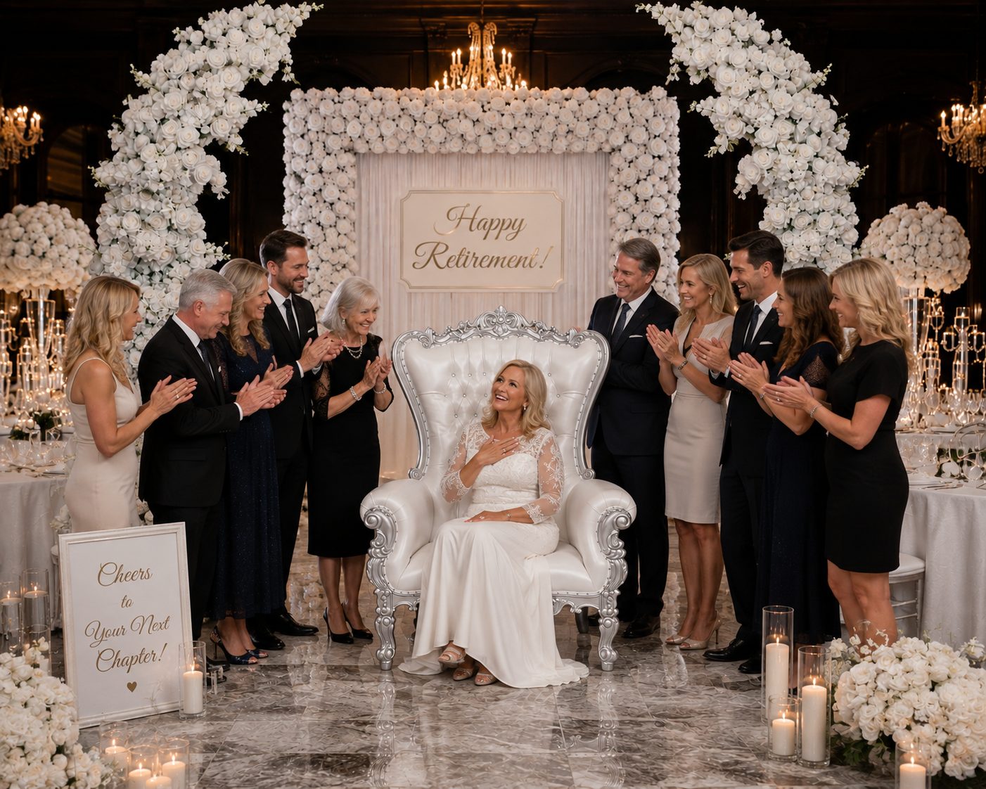 White and ivory 12 ft by 12 ft luxury floral panel at a retirement celebration