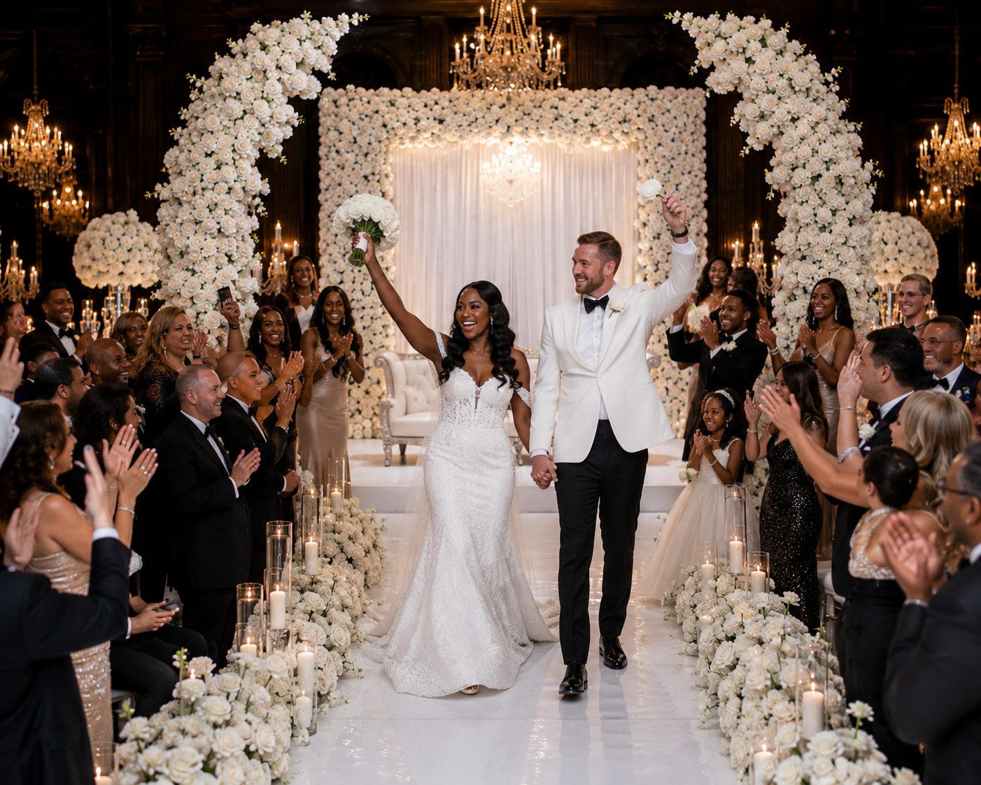 White and ivory 12 ft by 12 ft luxury floral panel behind a wedding couple