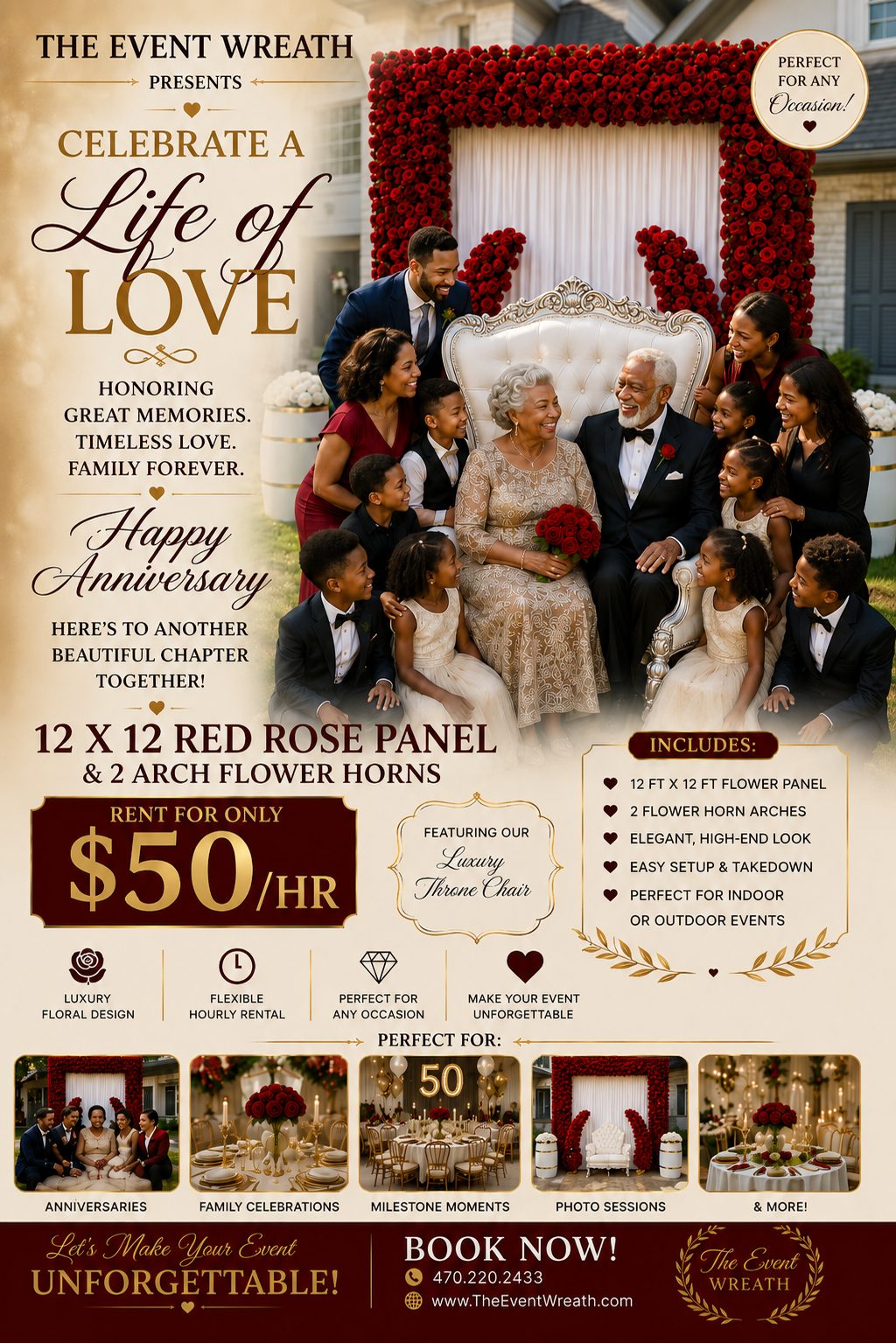 The Event Wreath — 12 ft by 12 ft luxury floral panel rental for $50 per hour